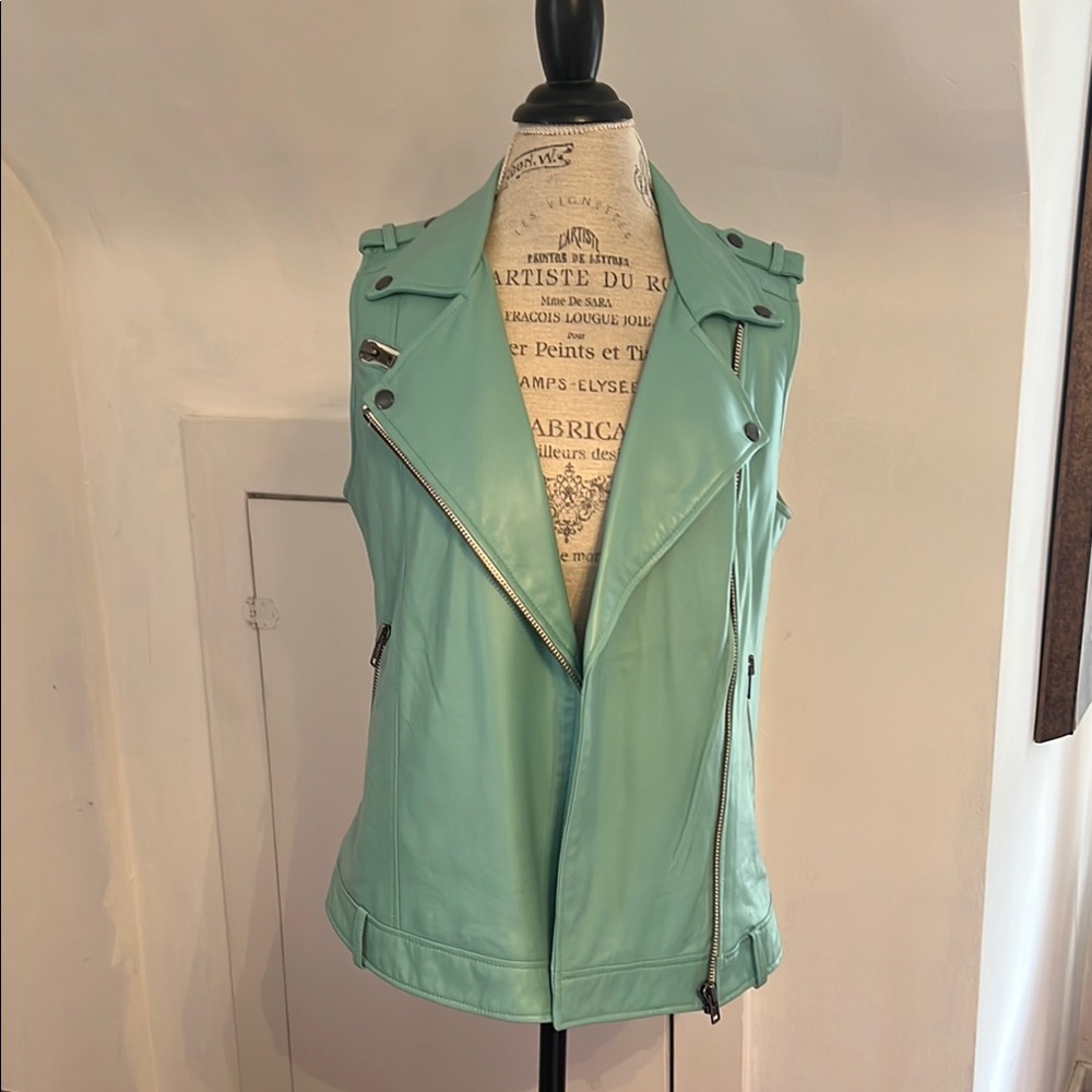 Bagatelle Blue leather Moto Vest with Notched Lapels